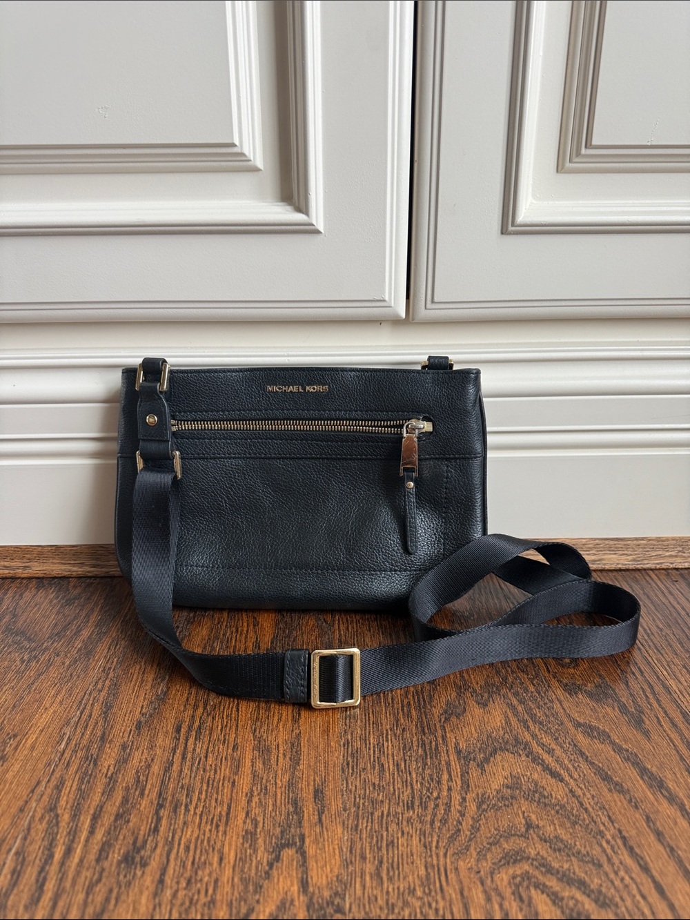 Michael Kors Black Leather Crossbody with Gold Hardware